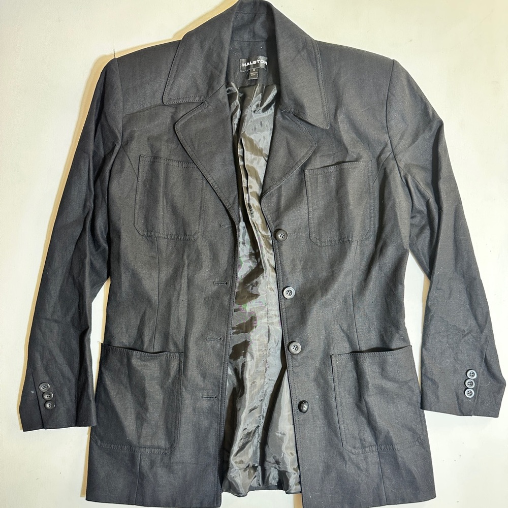 Halston Vintage Linen 1970 Safari Blazer Dark Navy Trench Coat